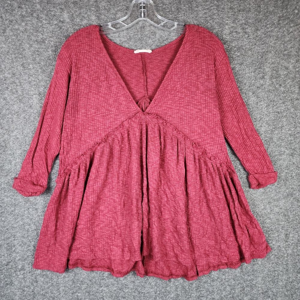 Altar'd State Babydoll Tunic Womens Size Small Burgundy Ribbed Back Button‎ T420